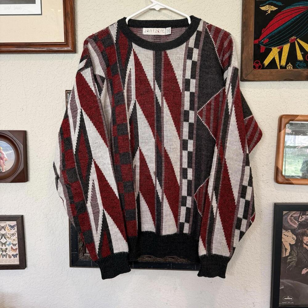 Vintage Jantzen Abstract Design Colorful‎ Red Designer Sweater USA Size XL